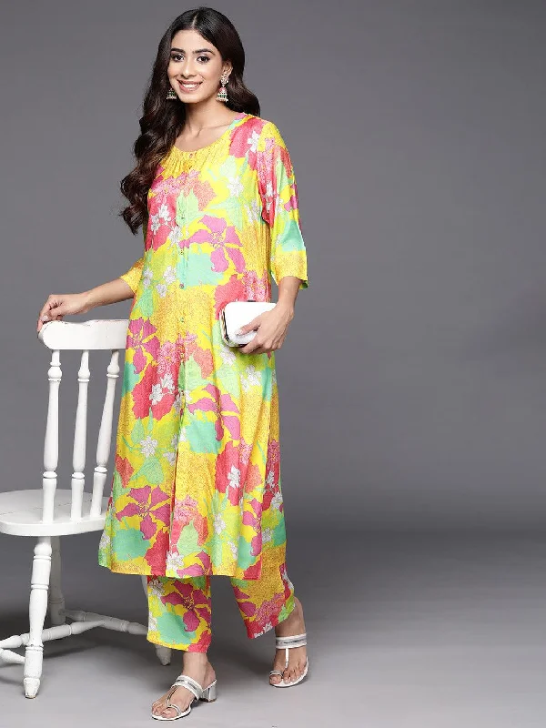 Women's Jumpsuits with Square CollarYellow Printed Cotton Co-Ords