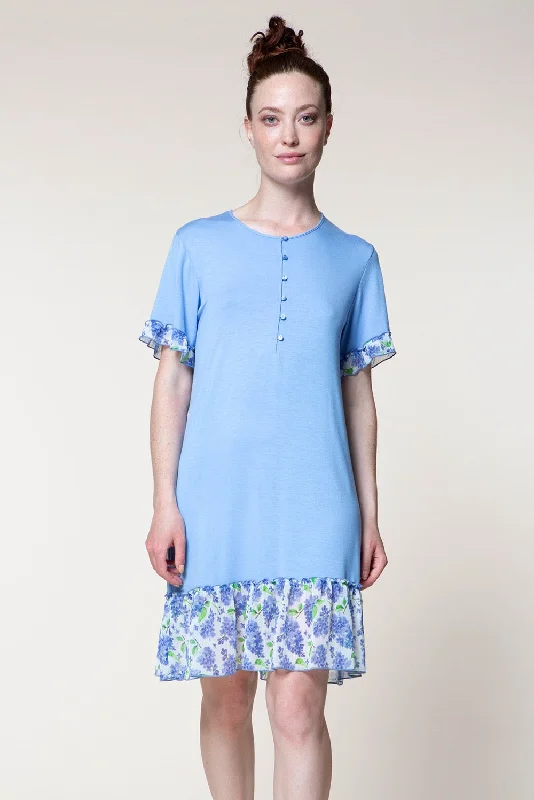 women's pajamas in solid colorsCamicia da notte con bottoni e balza chiffon azzurra Pepita