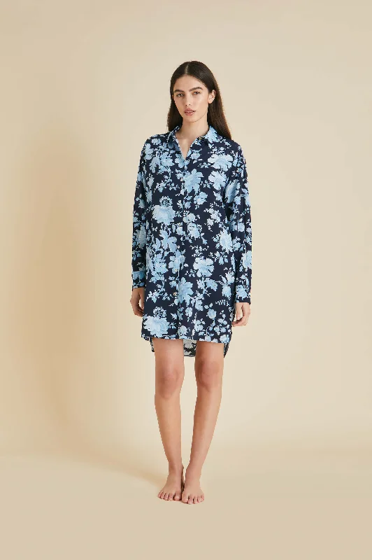 women's pajamas for those who love to dreamCeleste Alcides Blue Floral Nightshirt in Silk Crêpe de Chine