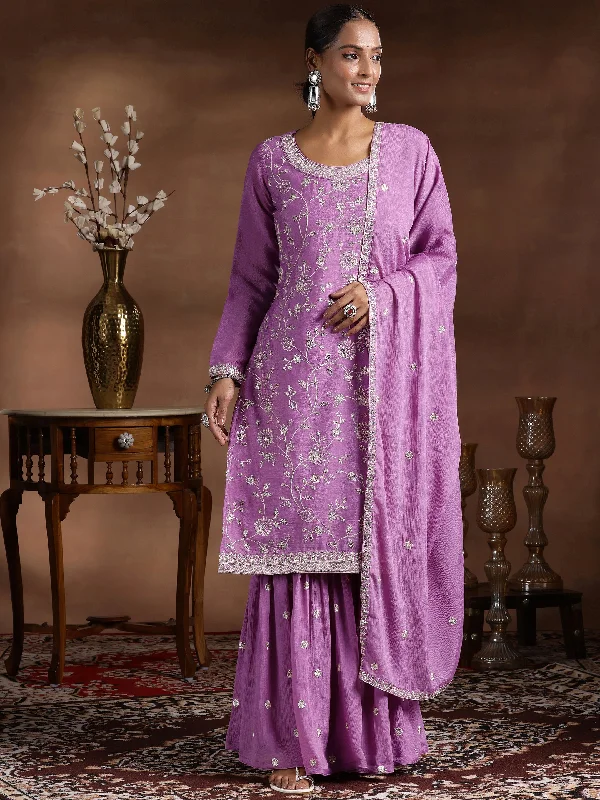 Women's Jumpsuits with Notched CollarLavender Embroidered Silk Blend Straight Suit With Dupatta