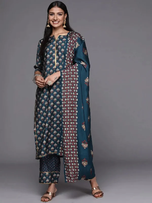 Women's Jumpsuits with Peter Pan CollarBlue Printed Silk Blend Straight Kurta With Trousers & Dupatta