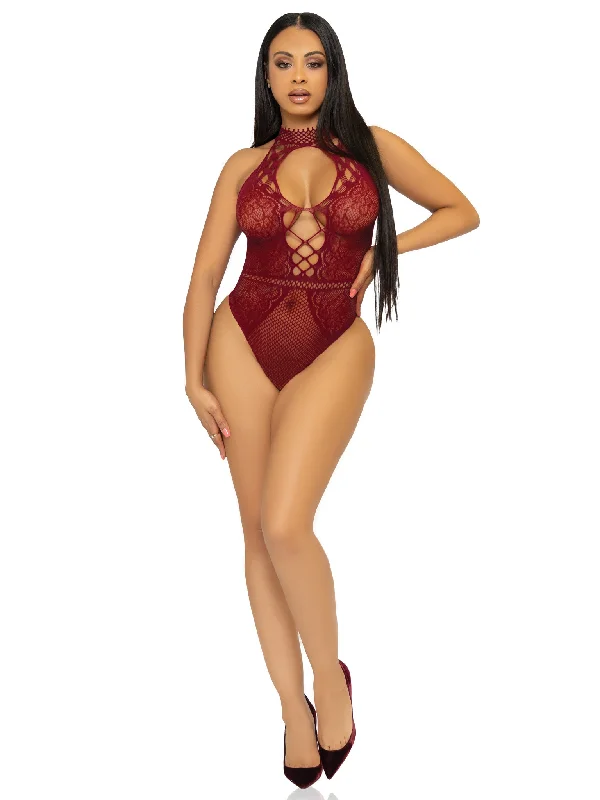 women's pajamas for a cozy night inbody shaper with mesh panels for breathabilityNet and Lace Keyhole Halter Bodysuit - One Size -  Burgundy