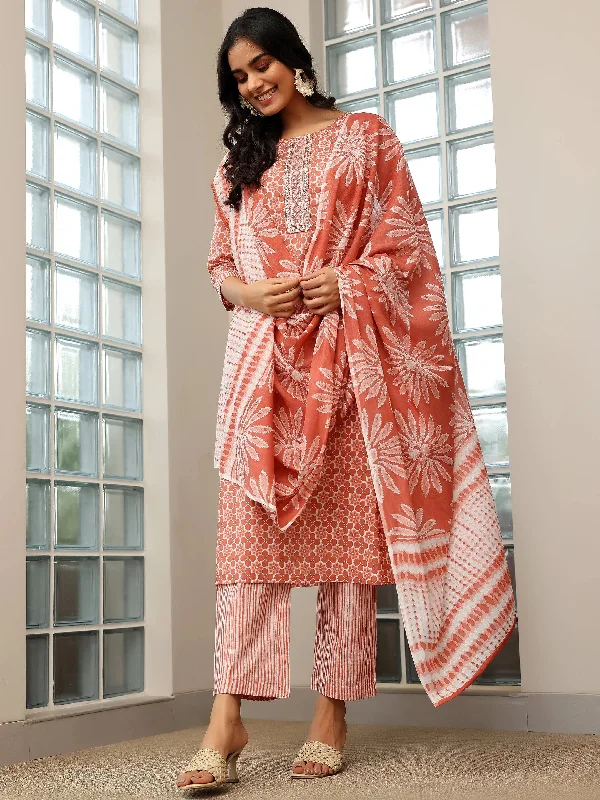 Women's Jumpsuits with V-Shaped CollarBrown Printed Cotton Straight Suit With Dupatta