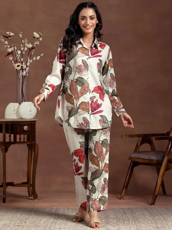 Women's Jumpsuits with High CollarBeige Printed Crepe Co-Ords