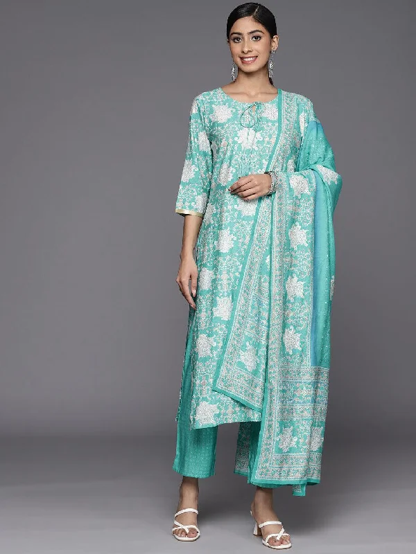 Women's Jumpsuits with DrawstringBlue Printed Silk Blend Straight Kurta With Trousers & Dupatta