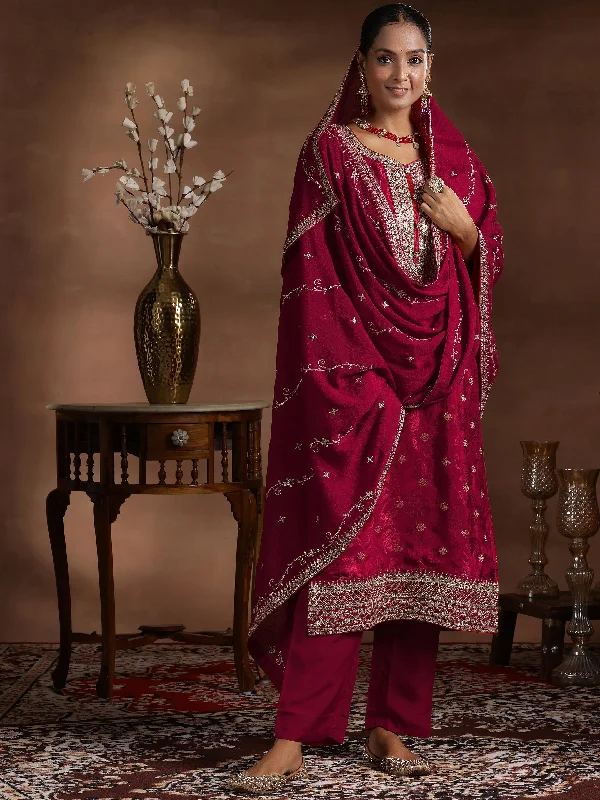 Women's Jumpsuits with Mandarin CollarMaroon Woven Design Silk Blend Straight Suit With Dupatta