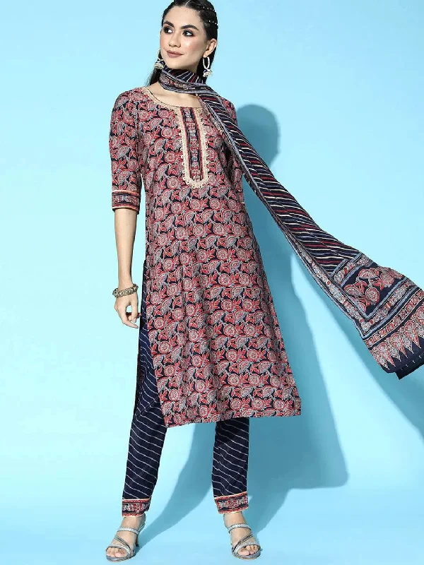 Women's Jumpsuits with Wide LegNavy Blue Printed Silk Blend Straight Kurta With Dupatta