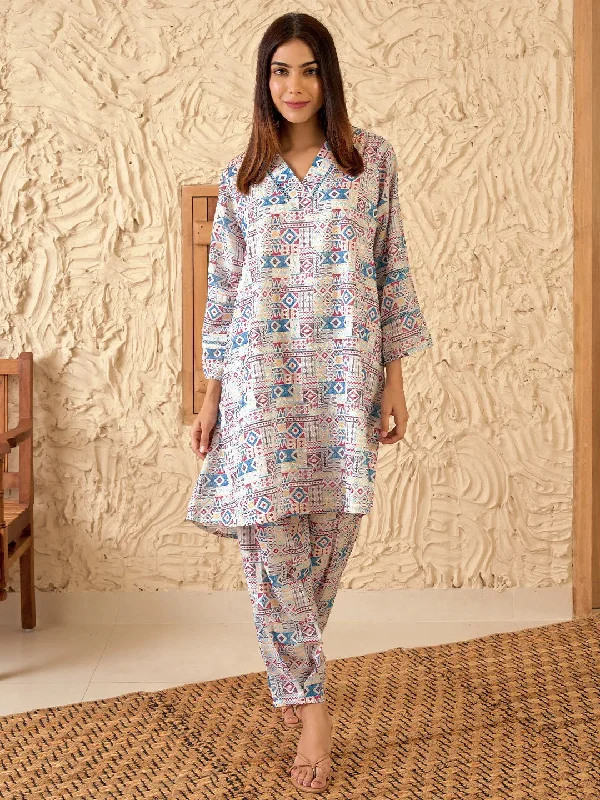 Women's Jumpsuits with Collarless NeckBlue Printed Cotton Straight Kurta Set