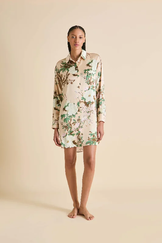 women's pajamas for a night of restCeleste Tirtoff Cream Floral Nightshirt in Silk Satin