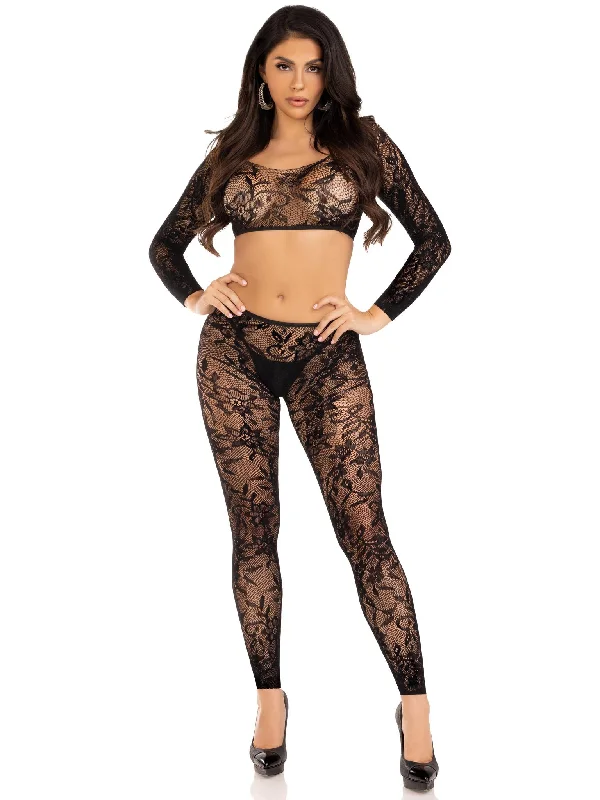 women's pajamas for gift-giving2 Pc Lace Crop Top and Footless Tights - One Size - Black