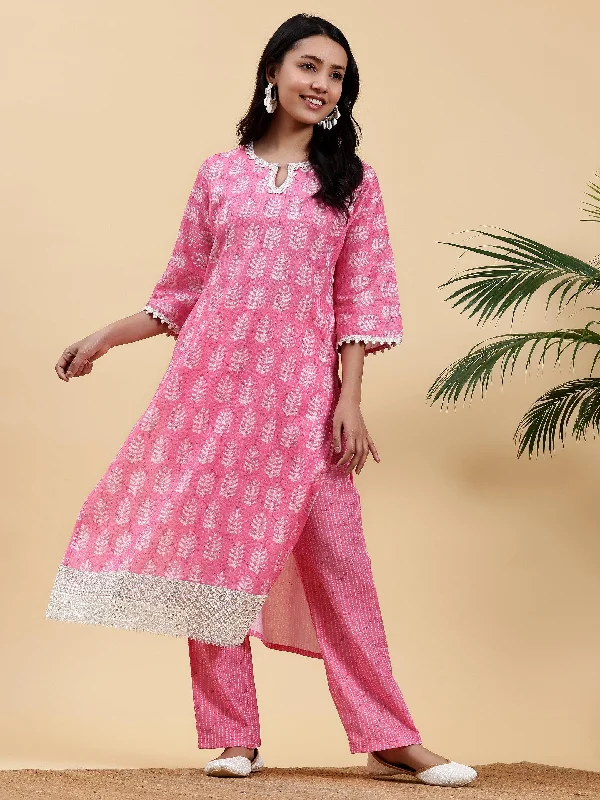 Women's Jumpsuits with BeltPink Printed Cotton Straight Kurta Set