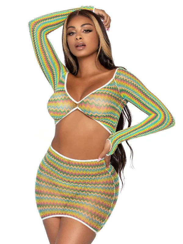 women's short sleeve pajama sets2 Pc Zig Zag Net Crop Top and Mini Dress - One  Size - Green