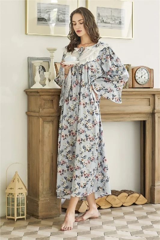 floral print women's pajamasModern Vintage long Nightgown, Lady Flower Satiny Long sleeve Sleepwear, Romantic Loose Nightgown, C30