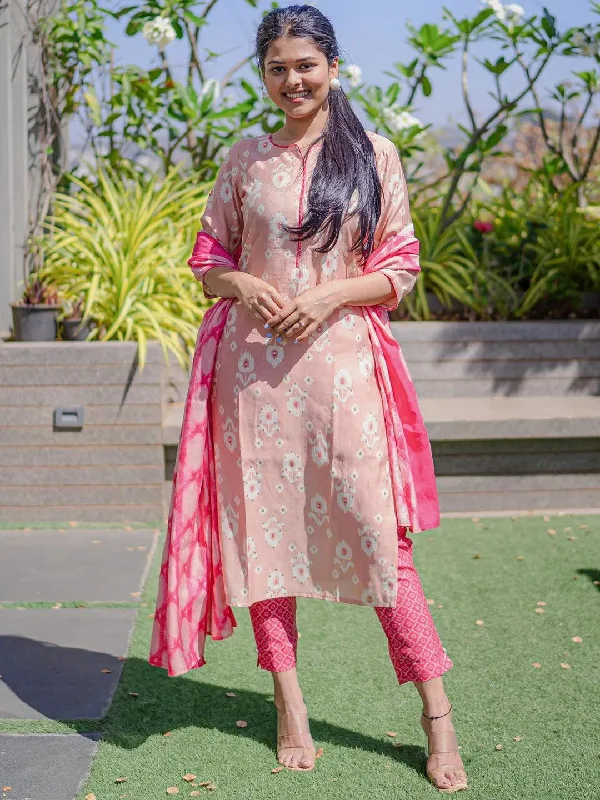 Women's Jumpsuits with Tapered LegPink Printed Silk Blend Straight Kurta With Trousers & Dupatta