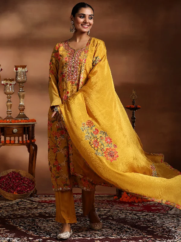 Women's Jumpsuits with Wide CollarMustard Printed Silk Chiffon Straight Suit With Dupatta