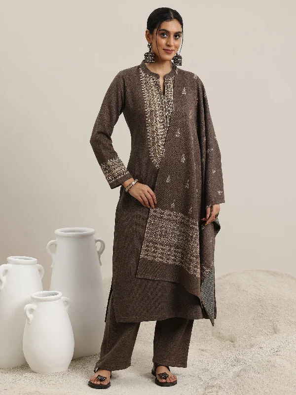 Women's Jumpsuits with Long LengthBrown Yoke Design Wool Blend Straight Suit With Dupatta