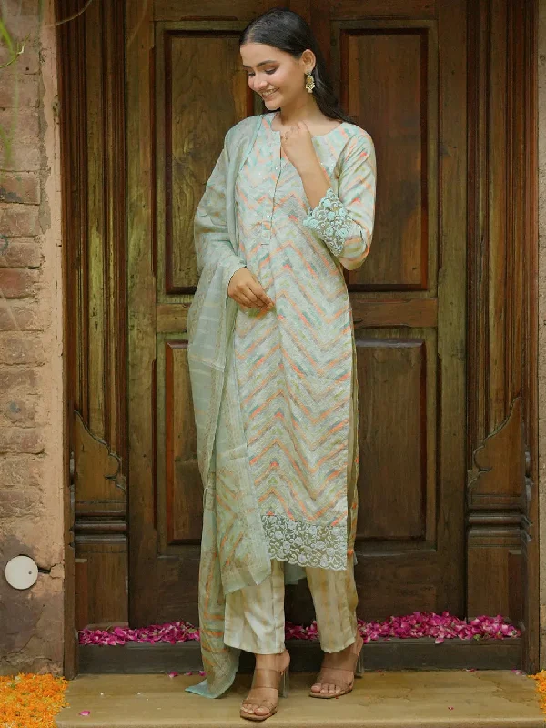 Women's Jumpsuits with Shawl CollarGreen Embroidered Cotton Blend Straight Suit With Dupatta