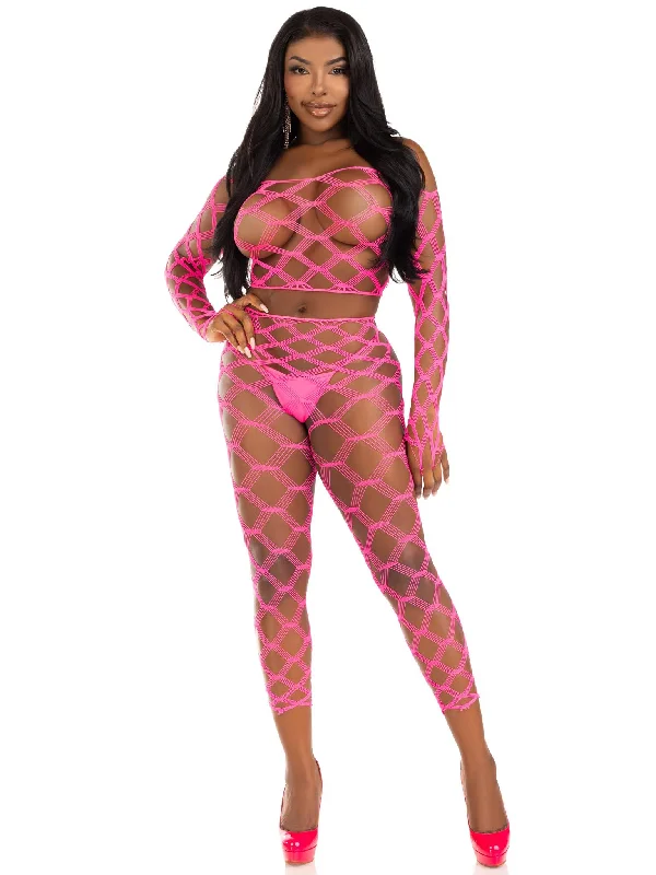 women's pajamas with built-in bra2 Pc Net Crop Top and Footless Tights - One Size - Neon Pink