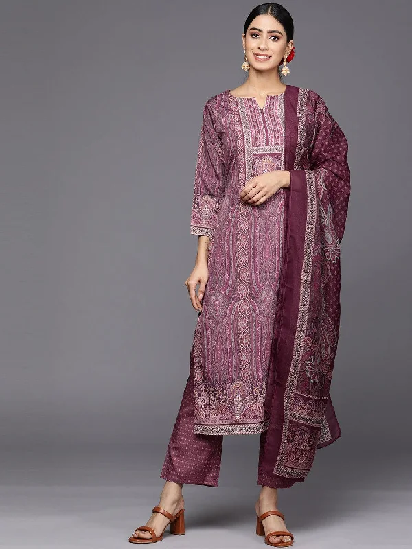 Women's Jumpsuits with Elastic WaistPurple Printed Crepe Straight Kurta With Trousers & Dupatta