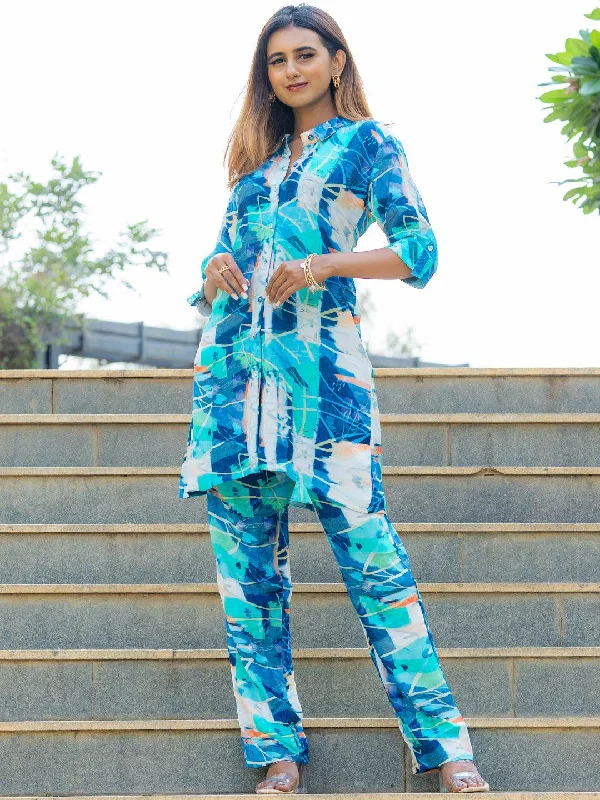 Women's Jumpsuits with High CollarBlue Printed Cotton Co-Ords