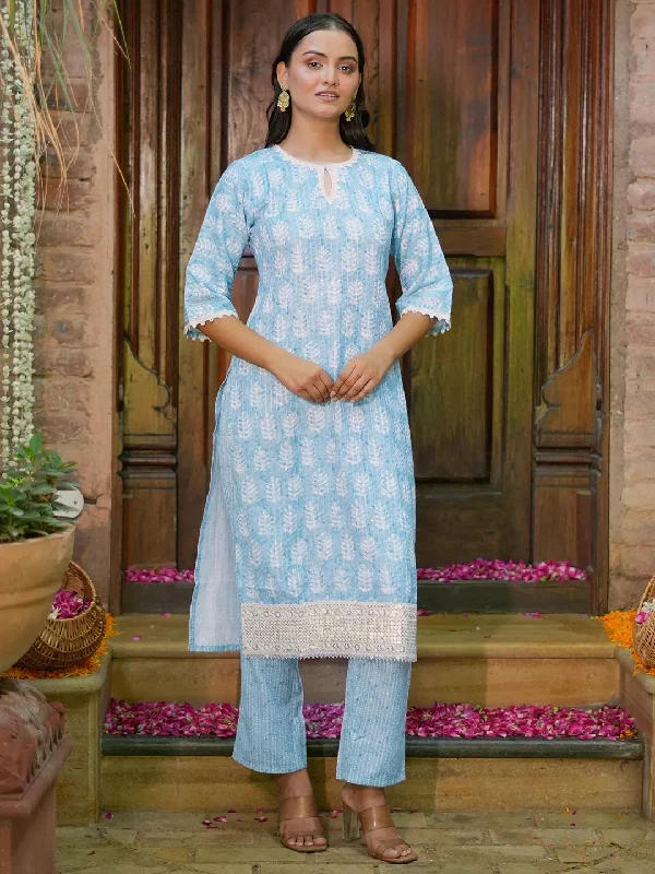 Women's Jumpsuits with Wide CollarBlue Printed Cotton Straight Kurta Set