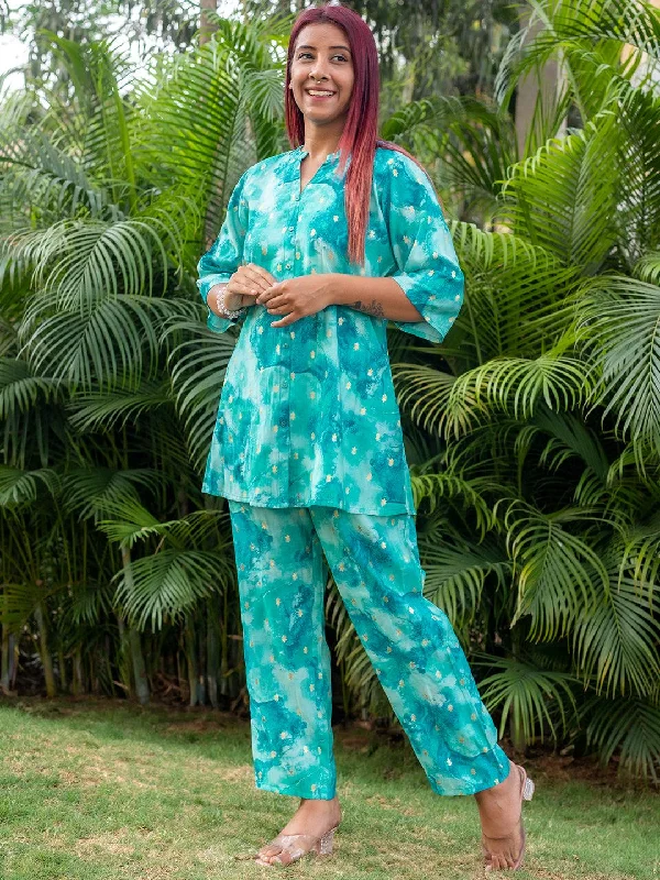 Women's Jumpsuits with CollarBlue Printed Silk Blend Co-Ords