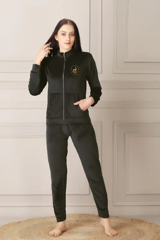 women's pajamas in solid colorsBlack Super Soft Velvet Track suit