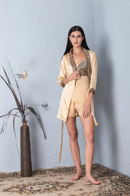 women's pajamas with a modern twistGold satin Night suit with robe