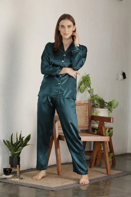 high-quality women's pajama setsEmerald Green Button Down Night suit