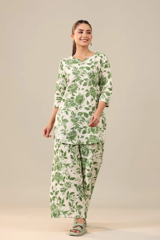 women's short sleeve pajama setsGreen Jaal on Off White Cotton Flex Palazzo Loungewear Set