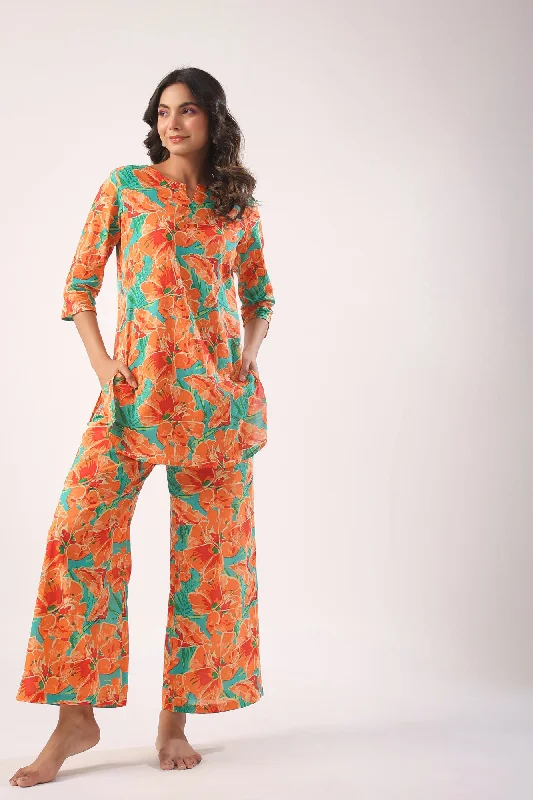 women's pajamas with a whimsical charmOrange Blooms on Sky Blue Palazzo Loungewear Set