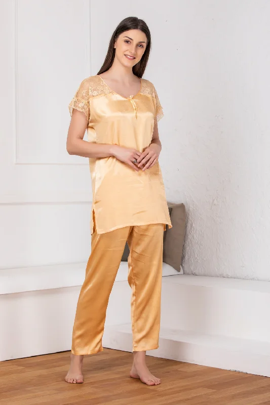 women's pajamas for winter warmthGolden Plain satin Night suit