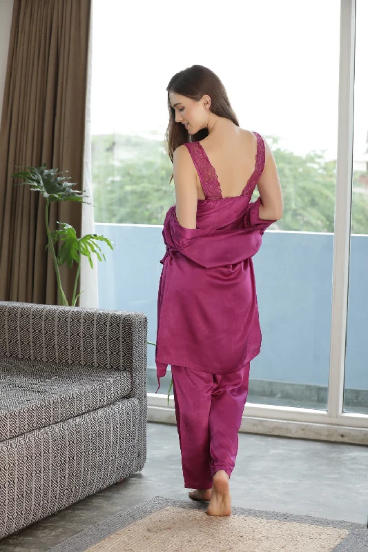 women's pajamas for winter warmthPlain Satin Night suit with Robe