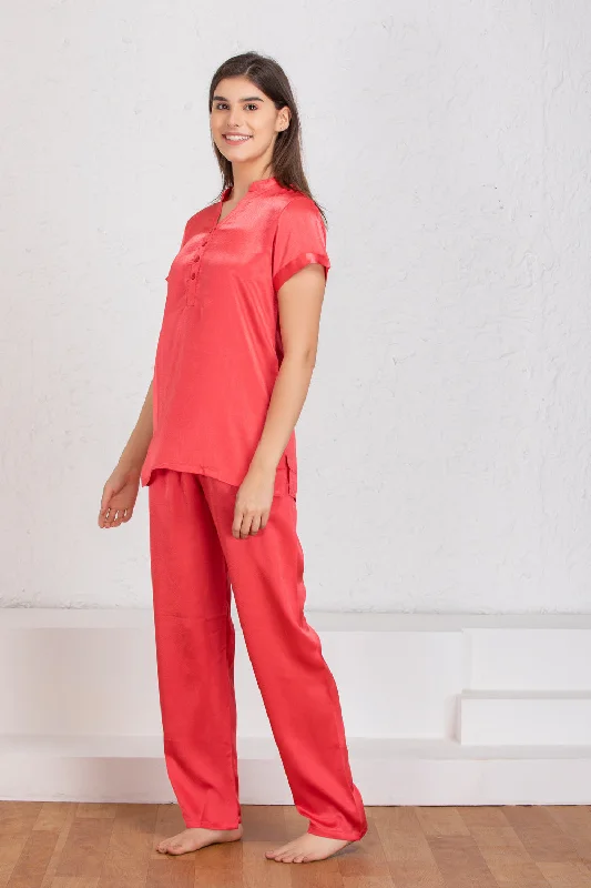 women's pajamas with drawstring waistPlain Red satin Night suit