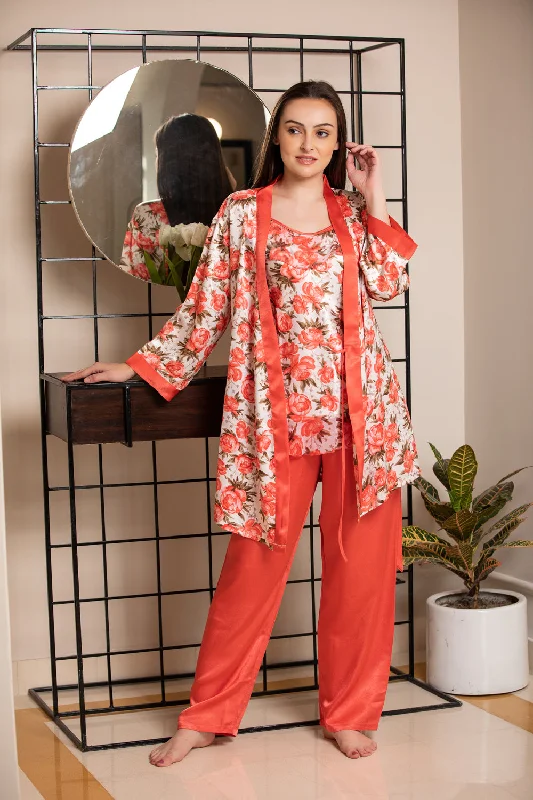 women's pajamas with a charming floral patternPrint Satin Night suit with Robe