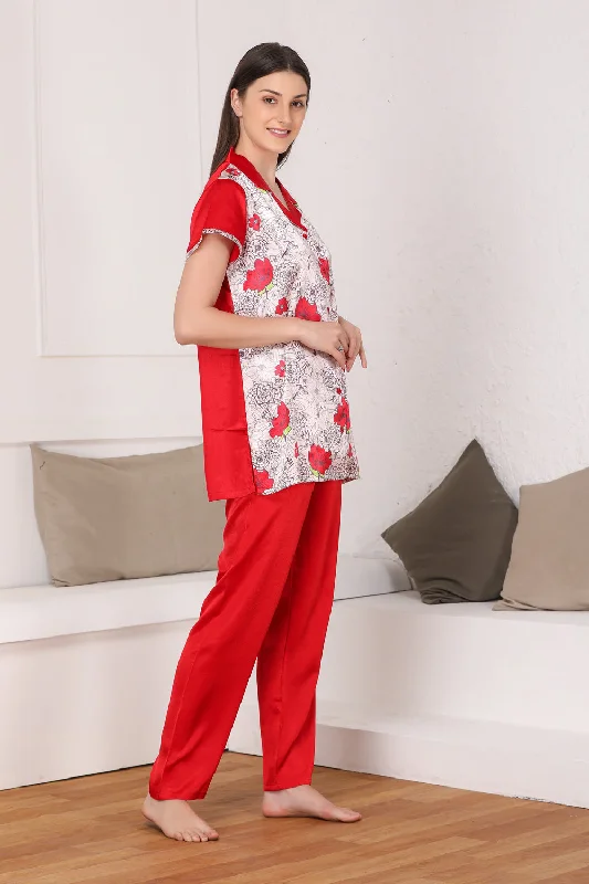 women's pajamas for gift-givingPrinted Red Satin Night suit