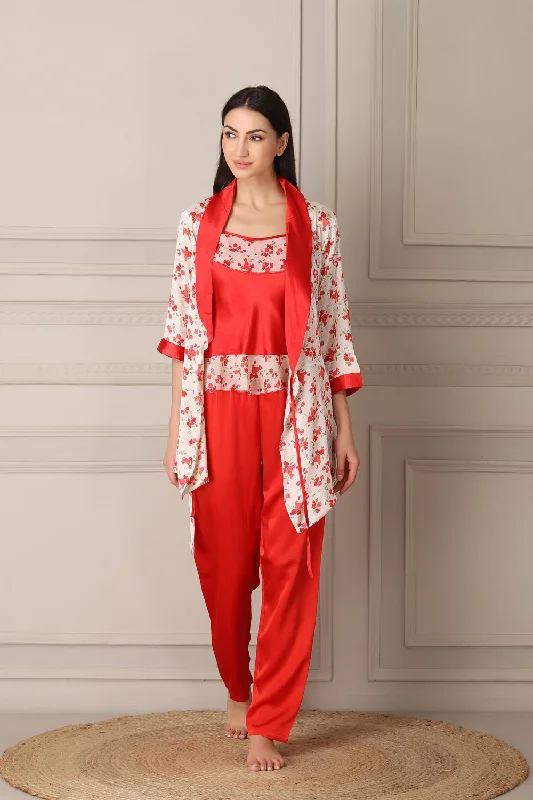 women's pajamas with a subtle shimmerRed Satin Night suit with Printed Robe