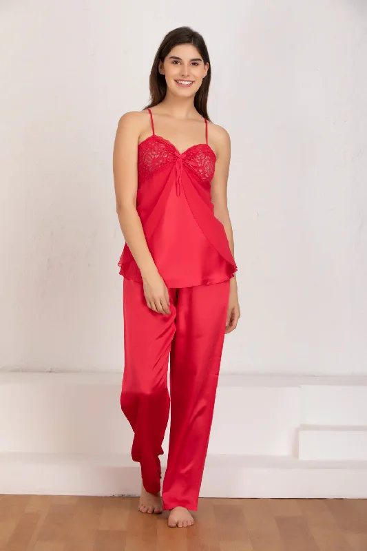 women's button-down pajama shirtsRed satin Night suit with robe