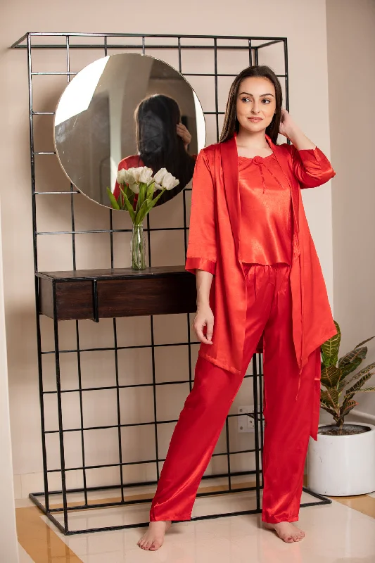 women's pajamas with a sophisticated eleganceRed satin Night suit with Robe