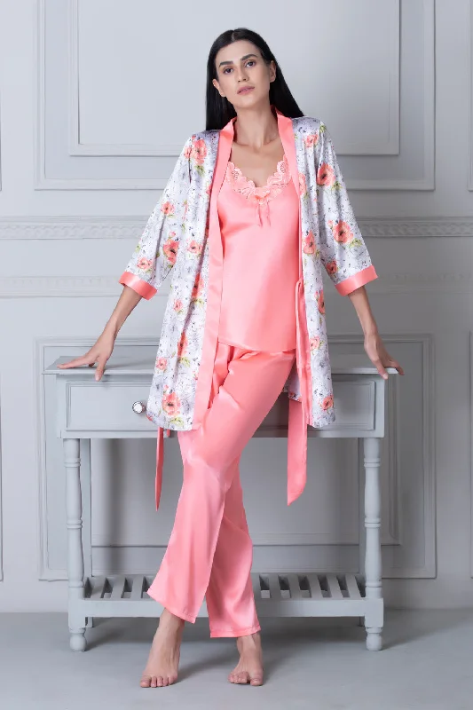 women's button-down pajama shirtsSatin Night suit with Floral Robe