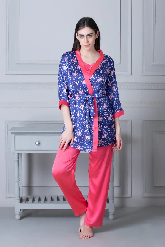 women's pajamas for cold weatherSatin Night suit with Floral Robe Blue