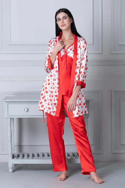 women's short sleeve pajama setsSatin Night suit with floral Robe Red & White