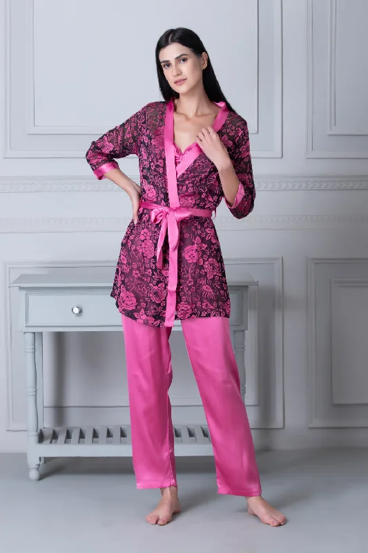 women's pajamas for hot summer nightsSatin Night suit with Floral Robe