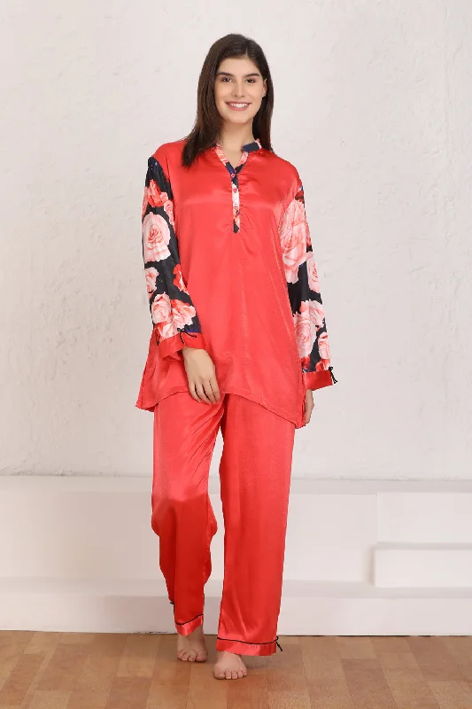 women's pajamas with button-flySatin Night suit with floral sleeves