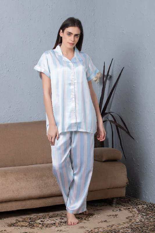 women's pajamas for the holidaysStripe satin Classic collar Night suit Sky Blue